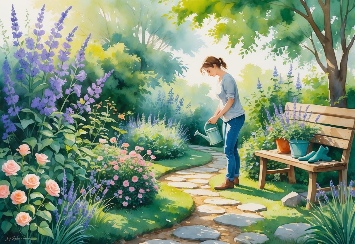 A person tending to a colorful garden with flowers and plants under soft sunlight.