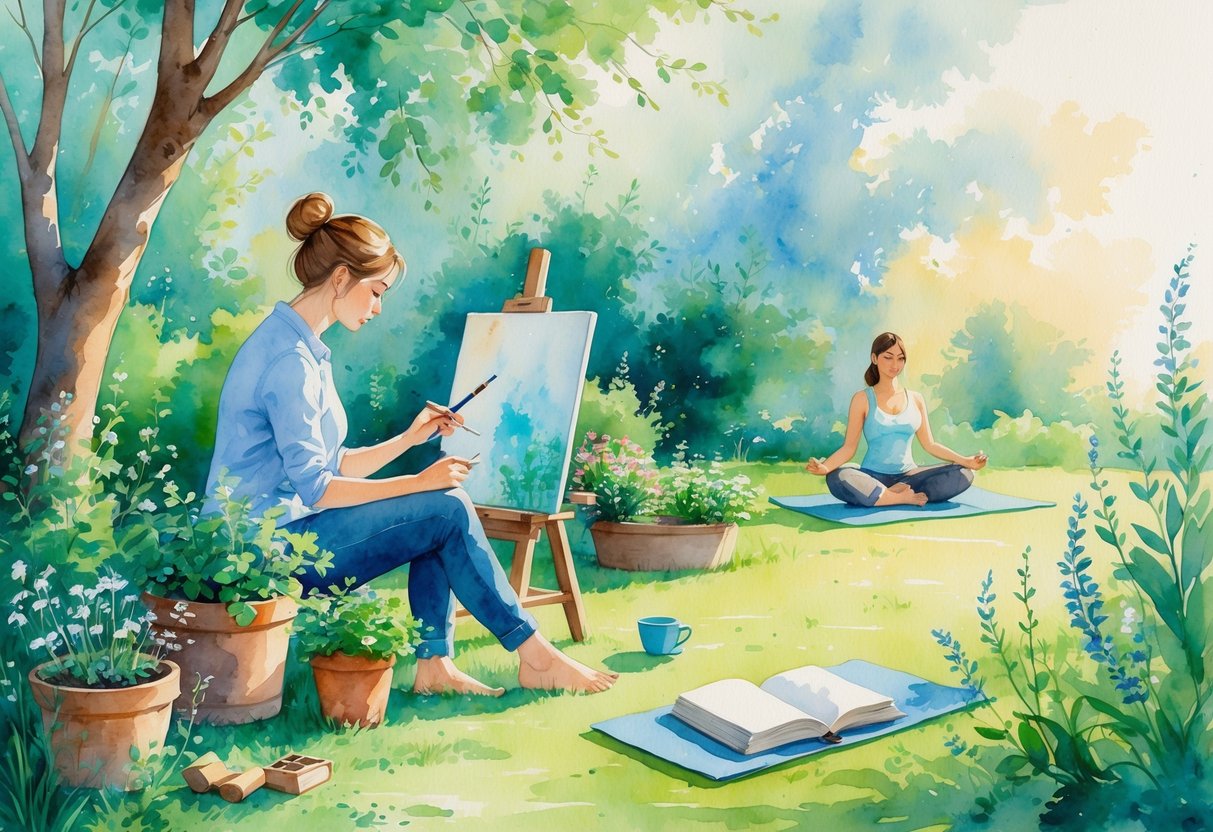 A person enjoying various relaxing hobbies outdoors in a garden, including painting, gardening, reading, and meditating.