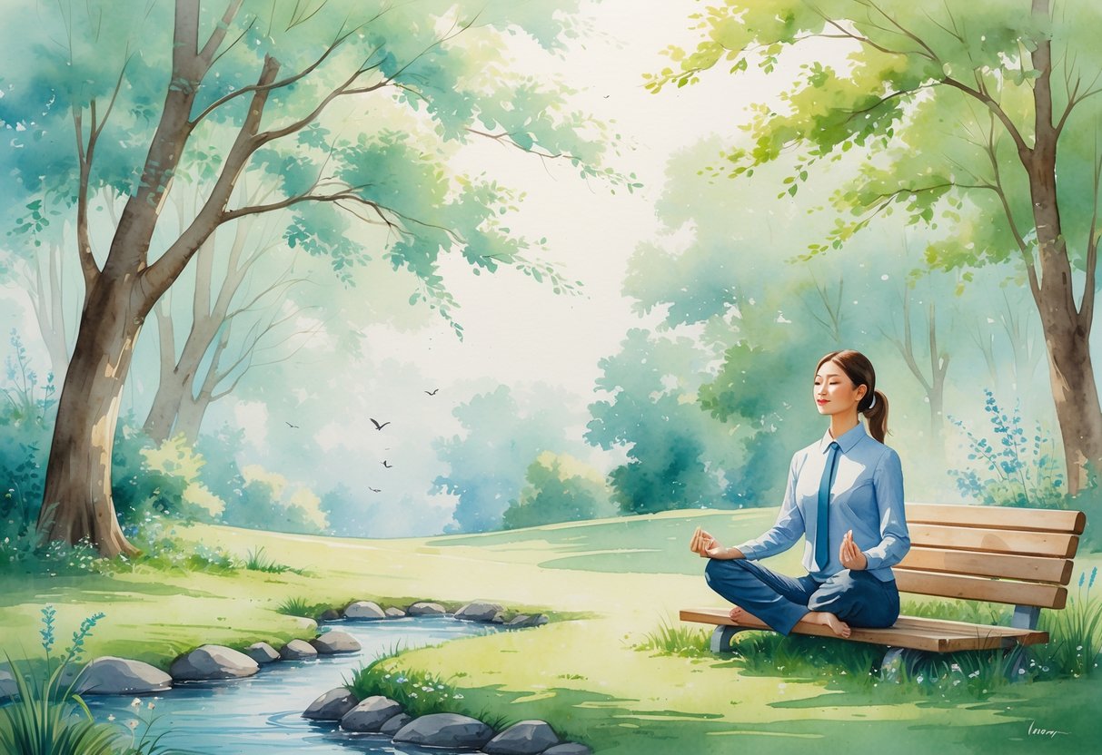A person sitting peacefully in a park, practicing breathing exercises surrounded by trees, flowers, and a small stream.