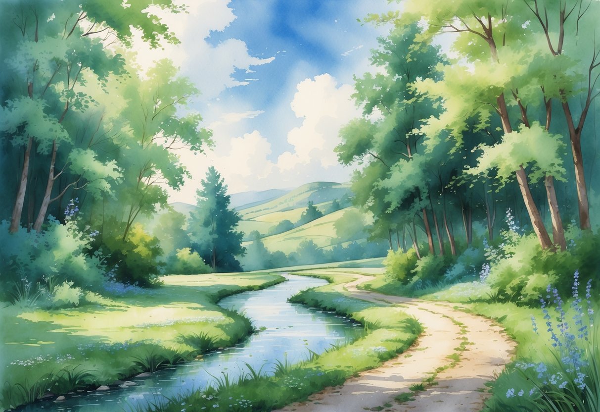 A peaceful forest path surrounded by trees, wildflowers, and a small stream under a blue sky with clouds.