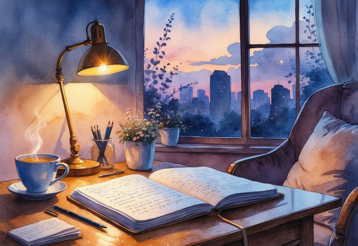 A cozy evening scene showing a journal open on a desk with a cup of tea nearby and a window revealing a city skyline at dusk.