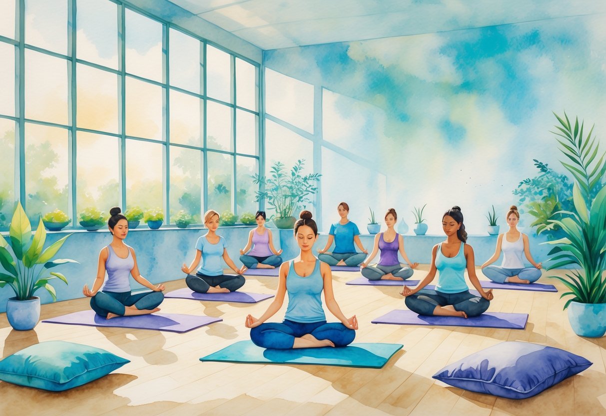 A group of people practicing yoga in a peaceful indoor space with plants and soft natural light.