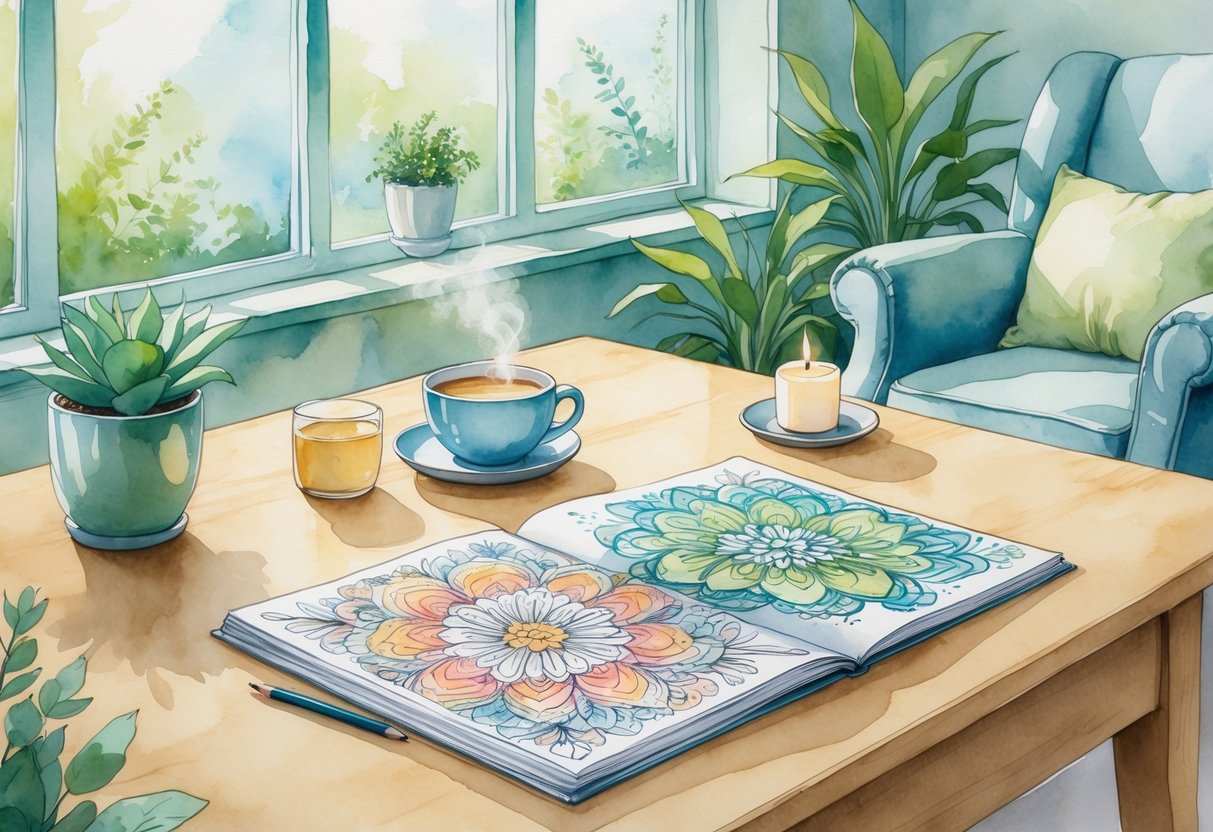 A person sitting at a desk near a window, coloring in a book surrounded by plants, tea, and a candle.