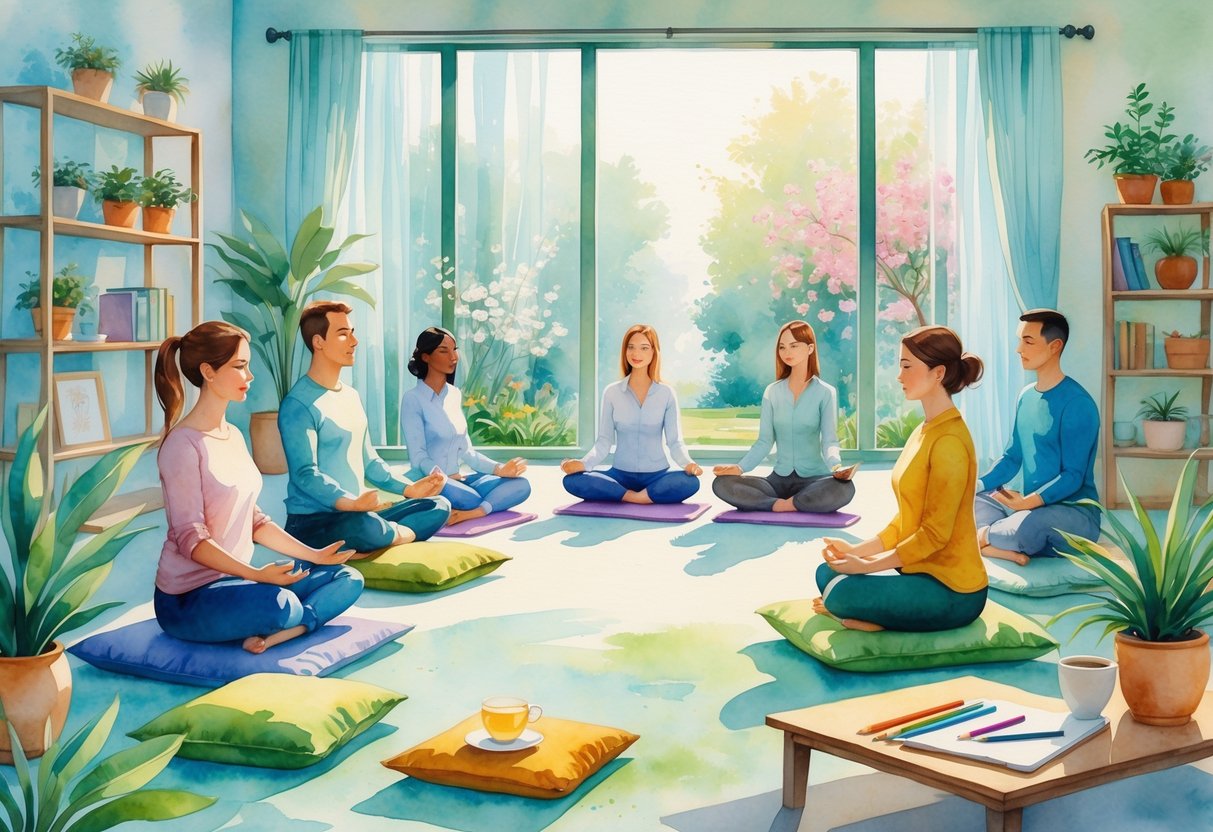 A group of people meditating indoors surrounded by plants, art supplies, and a cup of tea in a calm, sunlit room.