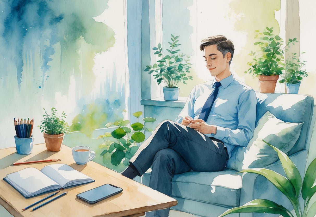 A person in business casual clothes sitting peacefully in a room surrounded by items representing hobbies like drawing, gardening, running, playing guitar, and drinking tea.