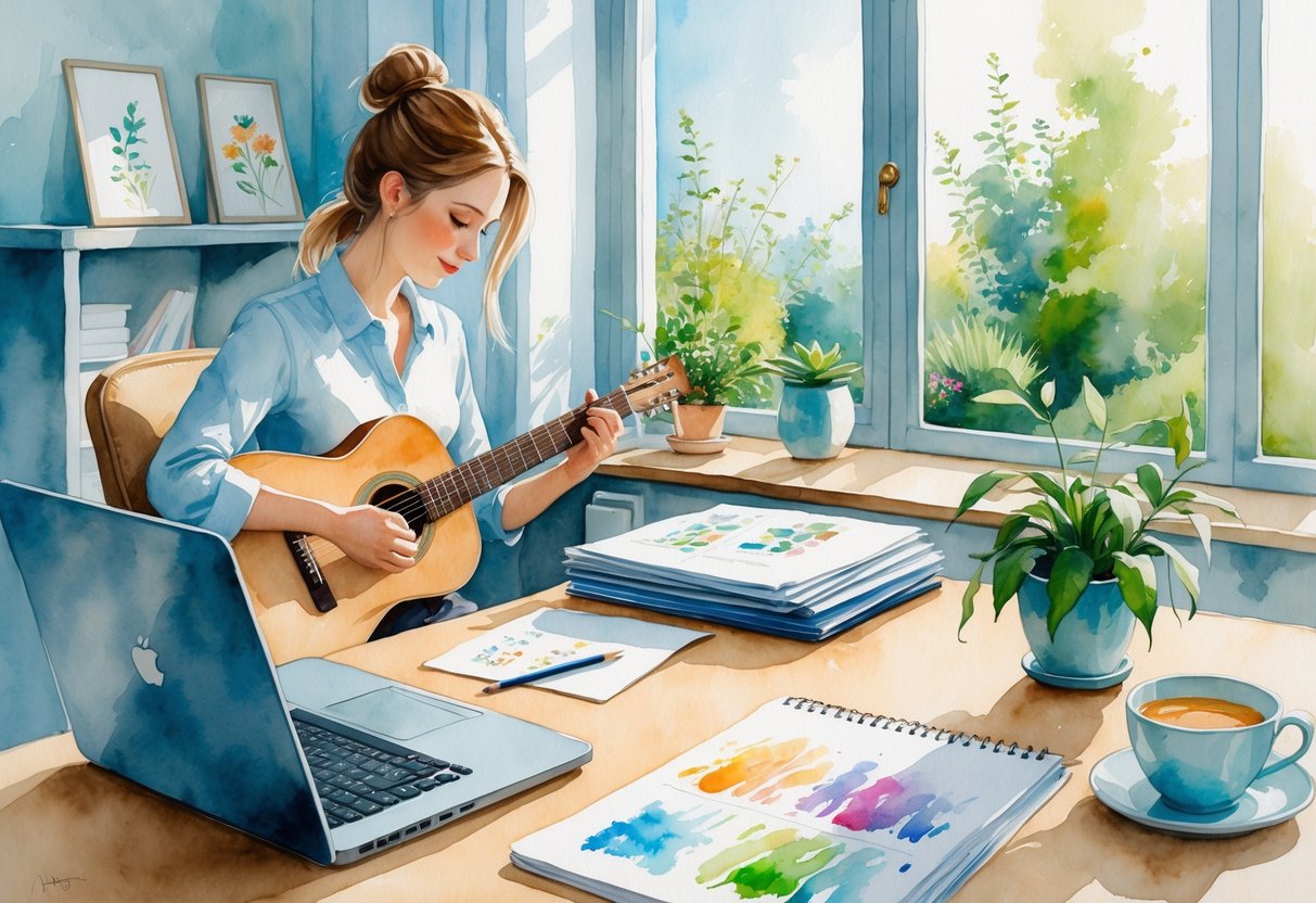 A person in a home office setting enjoying hobbies like playing guitar and drawing, with plants and natural light around them.
