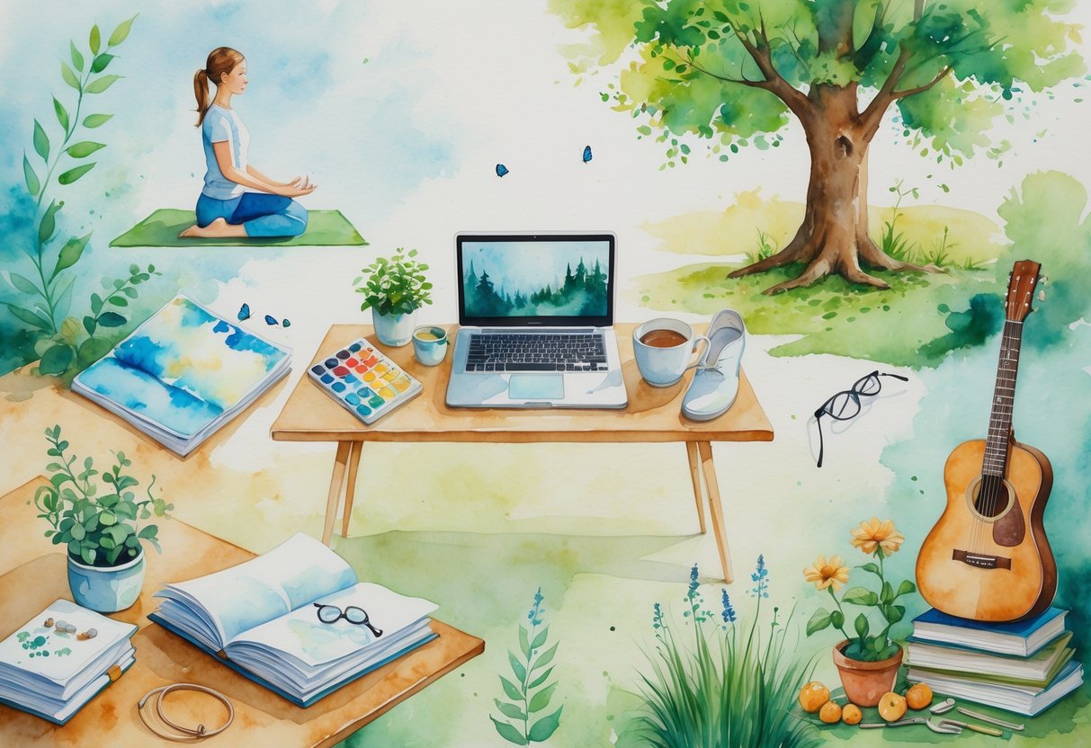 A peaceful workspace surrounded by images of hobbies like yoga, painting, running, meditation, playing guitar, reading, gardening, and knitting.