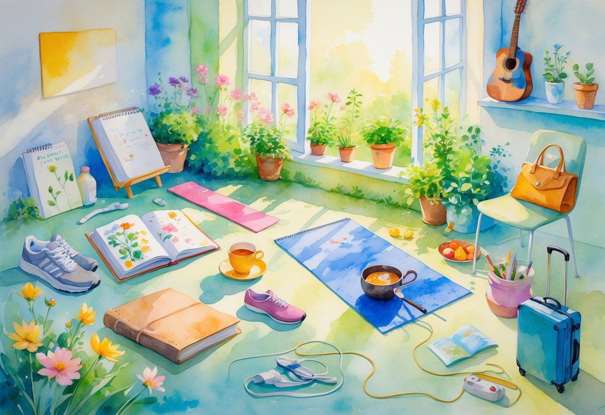 A person relaxing in a sunlit room surrounded by items representing hobbies like drawing, running, yoga, gardening, reading, photography, music, cooking, knitting, travel, and a pet dog lying nearby.