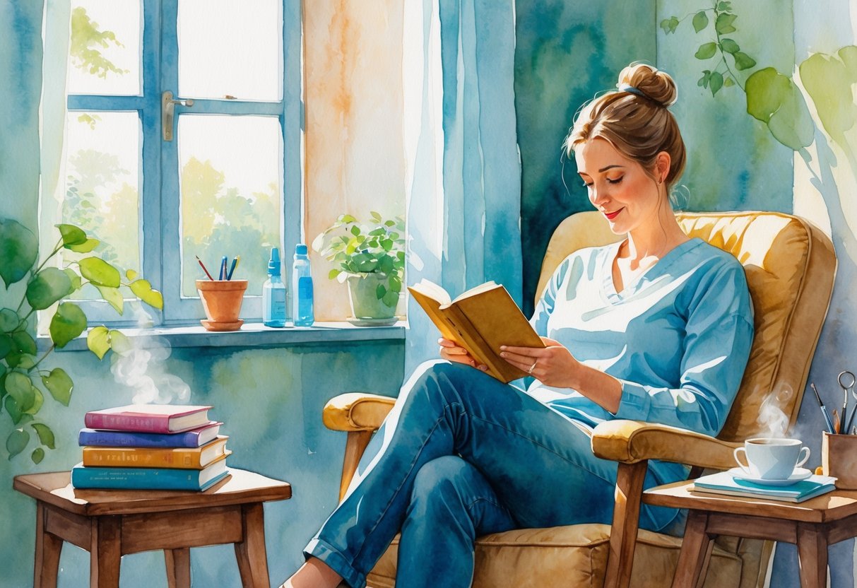 A person sitting in a cozy chair reading a book in a sunlit room with a table holding books, a cup of tea, and a plant nearby.