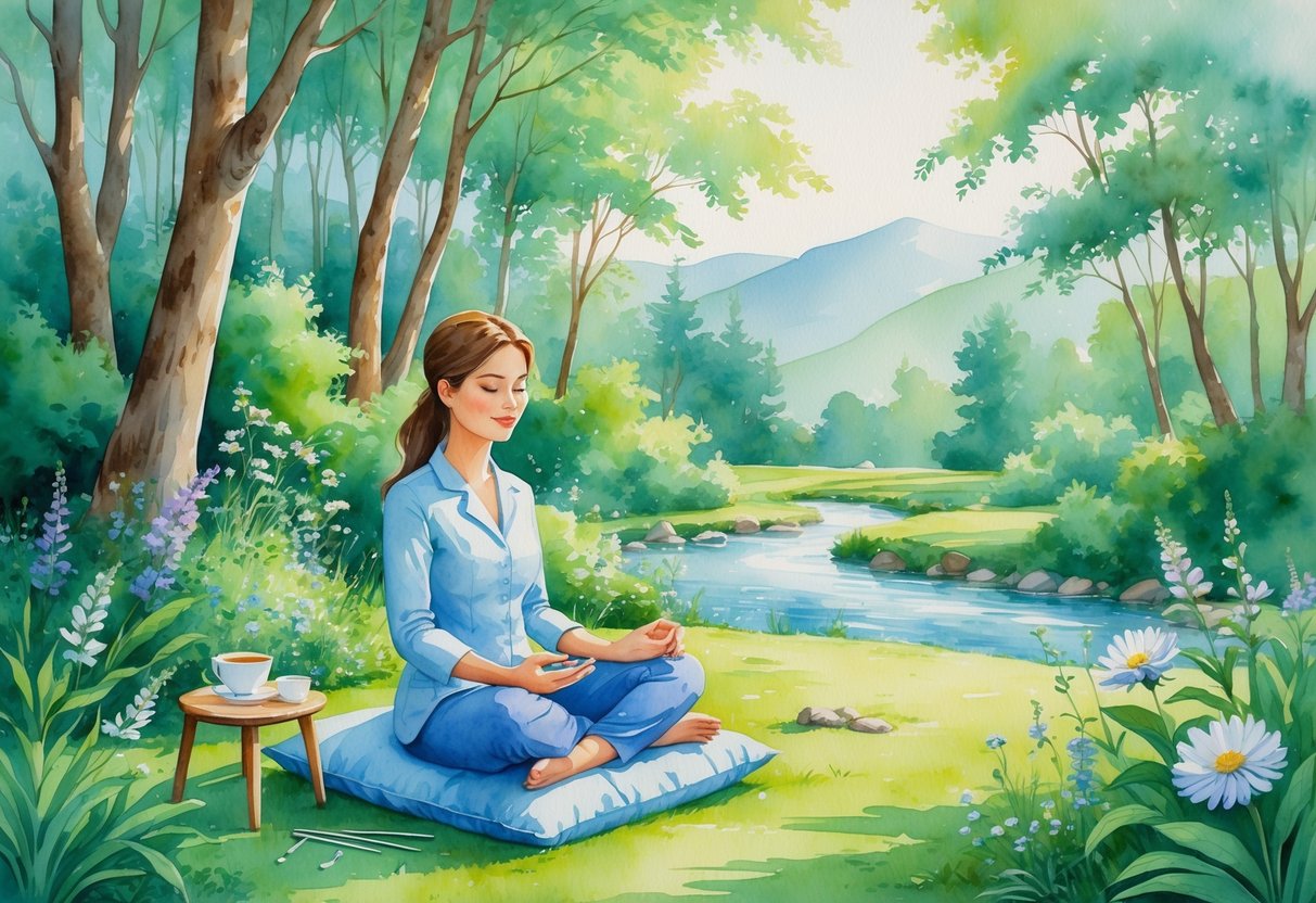 A person meditating peacefully outdoors in a garden with trees, flowers, and a small stream nearby.