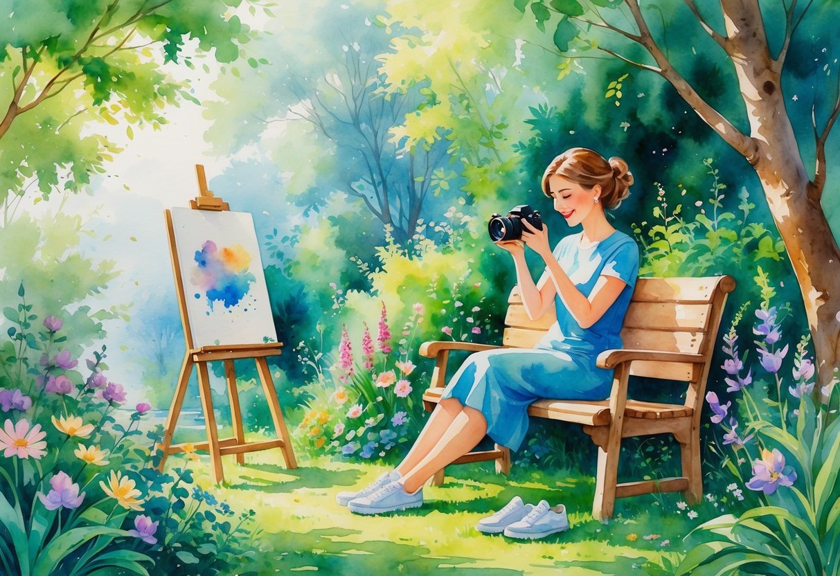A dental hygienist in a garden holding a camera near an easel with art supplies, surrounded by flowers and trees in soft sunlight.