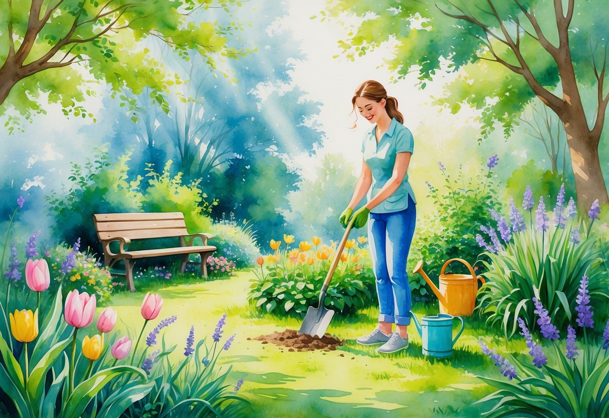 A woman gardening among colorful flowers and green plants in a peaceful sunlit garden with trees, a bench, and a birdbath.