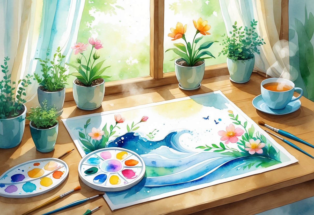 A cozy workspace with watercolor paints, brushes, a painting of flowers and waves, potted plants, and a cup of tea near a sunlit window.