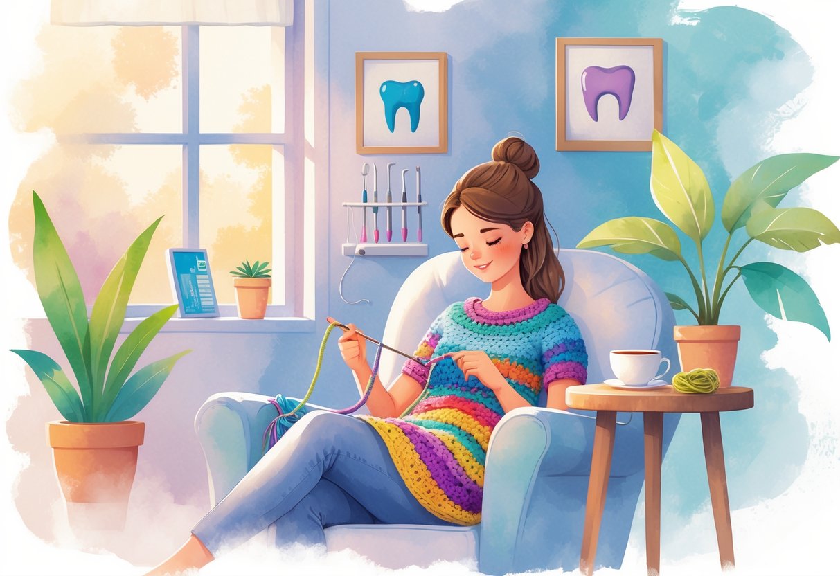 A person sitting in a cozy room crocheting with yarn, surrounded by dental tools and a cup of tea on a small table nearby.