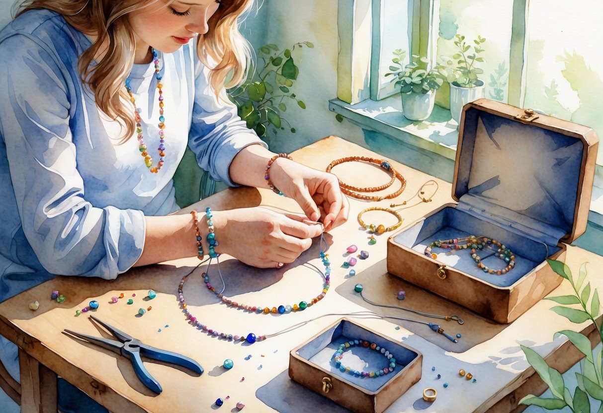 Hands threading beads onto wire at a wooden table with jewelry tools and finished pieces nearby in a bright, inviting workspace.