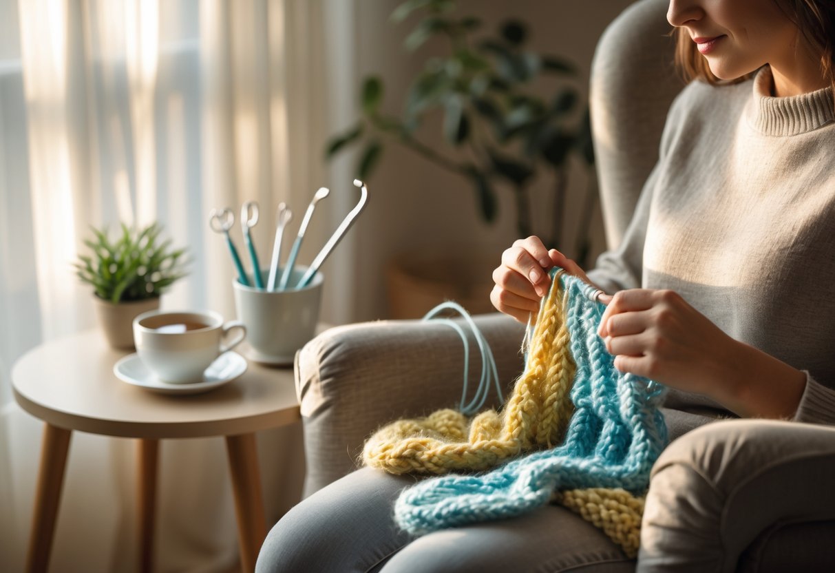 A person knitting with colorful yarn in a cozy room near a window, with dental tools and a cup of tea on a nearby table.