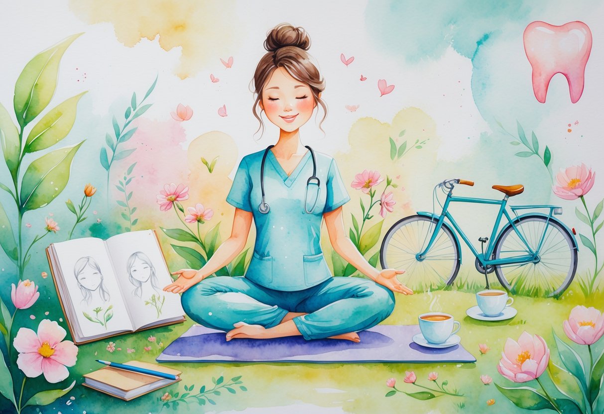 A dental hygienist surrounded by symbols of hobbies including drawing, yoga, gardening, cycling, and reading, conveying relaxation and balance.