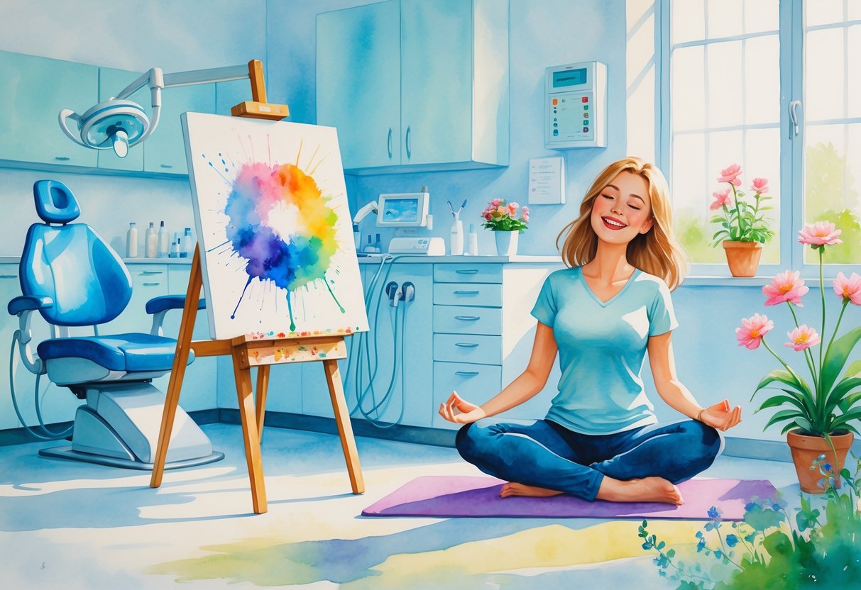 A dental hygienist enjoying painting, yoga, and gardening near a dental clinic, surrounded by plants and soft natural light.