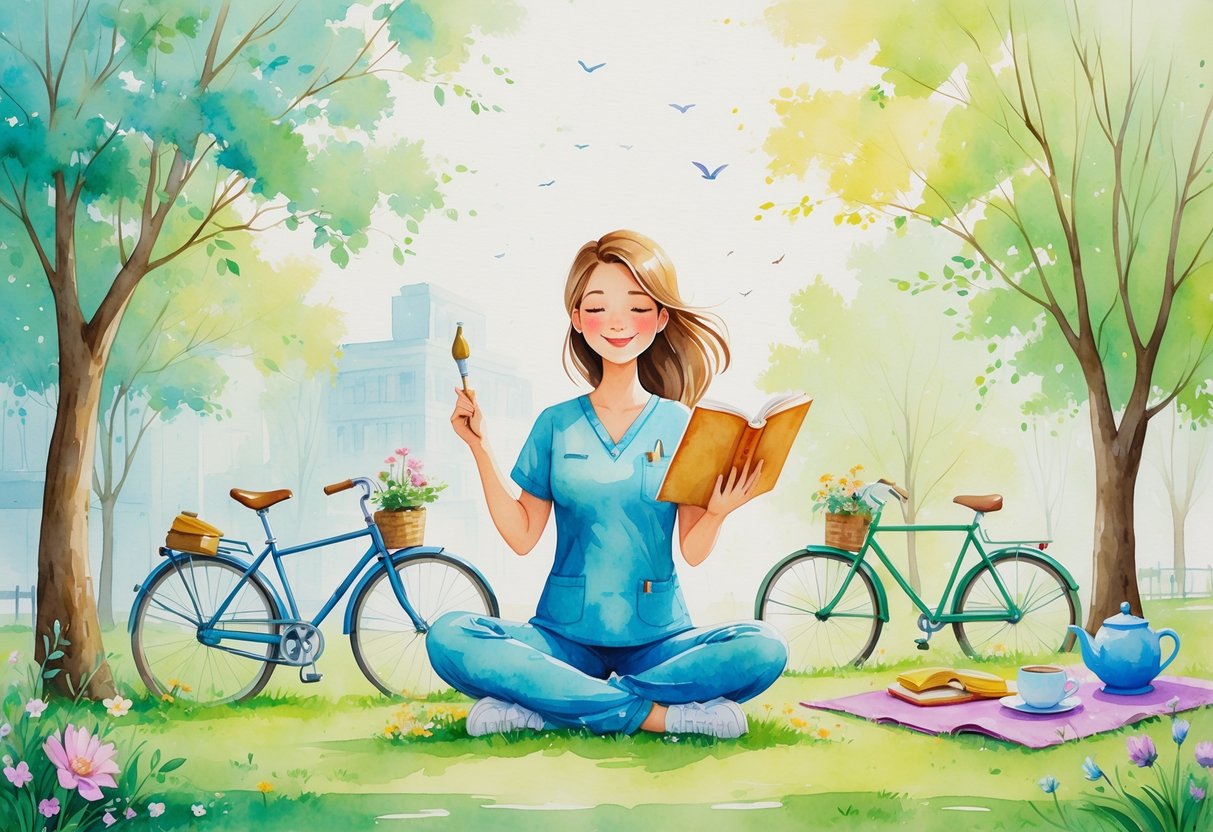 A dental hygienist enjoying hobbies outdoors in a peaceful park with a bicycle, garden, yoga mat, guitar, and picnic setup nearby.