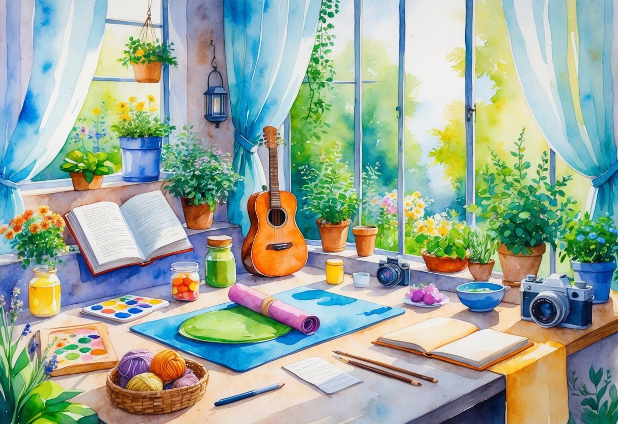 A peaceful indoor scene showing various relaxing hobbies including reading, gardening, painting, playing music, yoga, knitting, cooking, journaling, photography, and cycling equipment arranged in a cozy room.