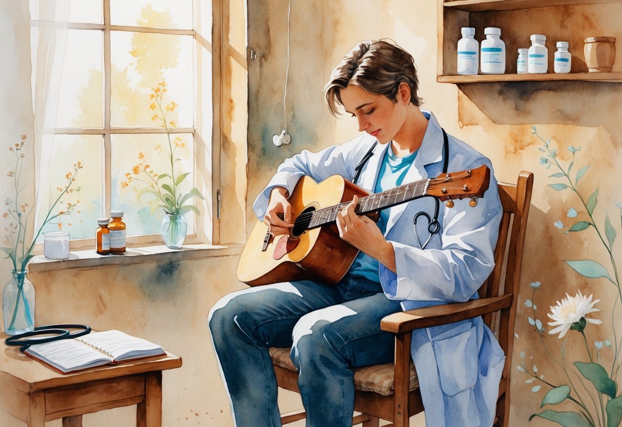 A person playing an acoustic guitar in a cozy room with soft natural light, surrounded by pharmacy-related items.