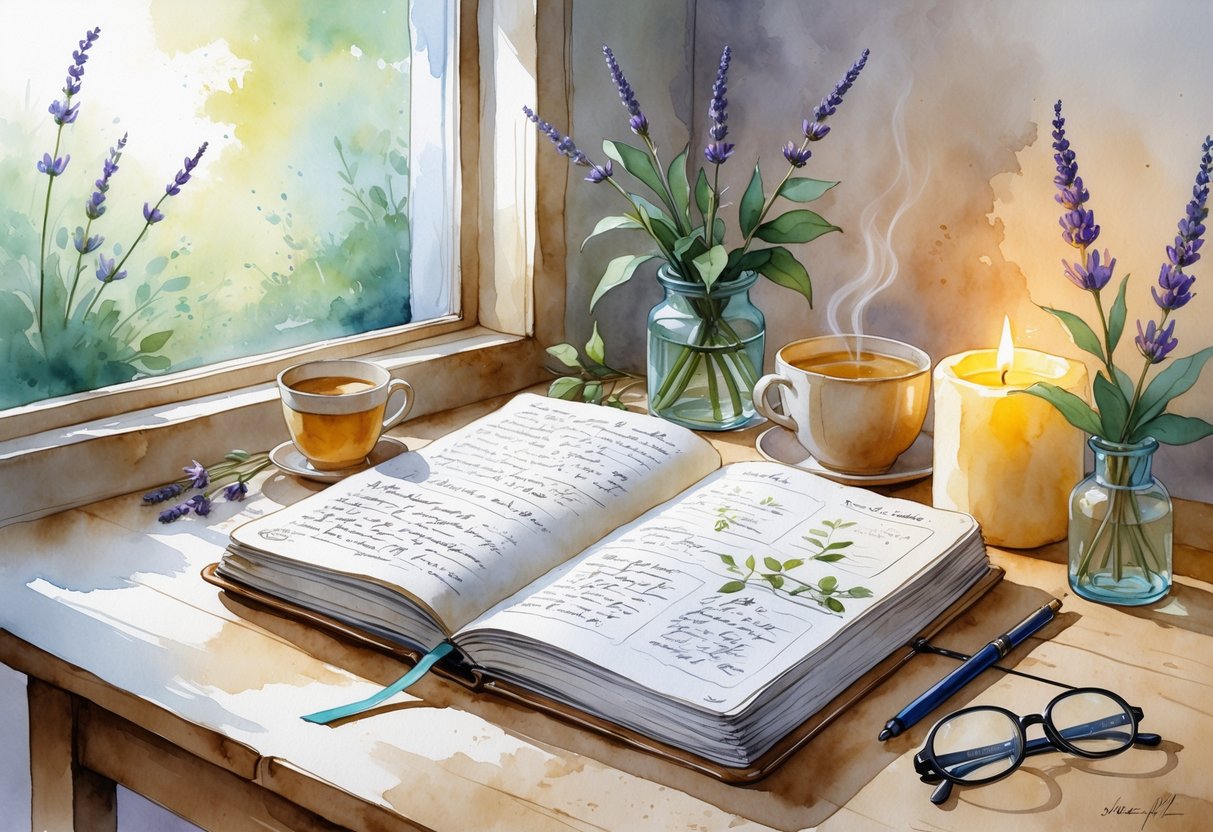 An open journal on a wooden desk with a candle, a cup of tea, glasses, and a small vase of flowers near a window with soft natural light.