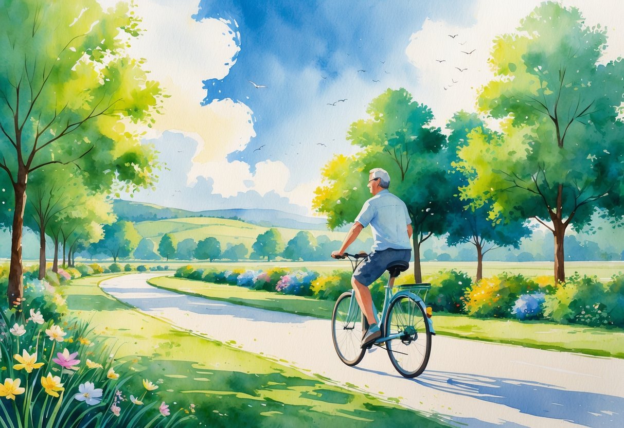A person riding a bicycle along a tree-lined path near a pond with hills and birds in the background.
