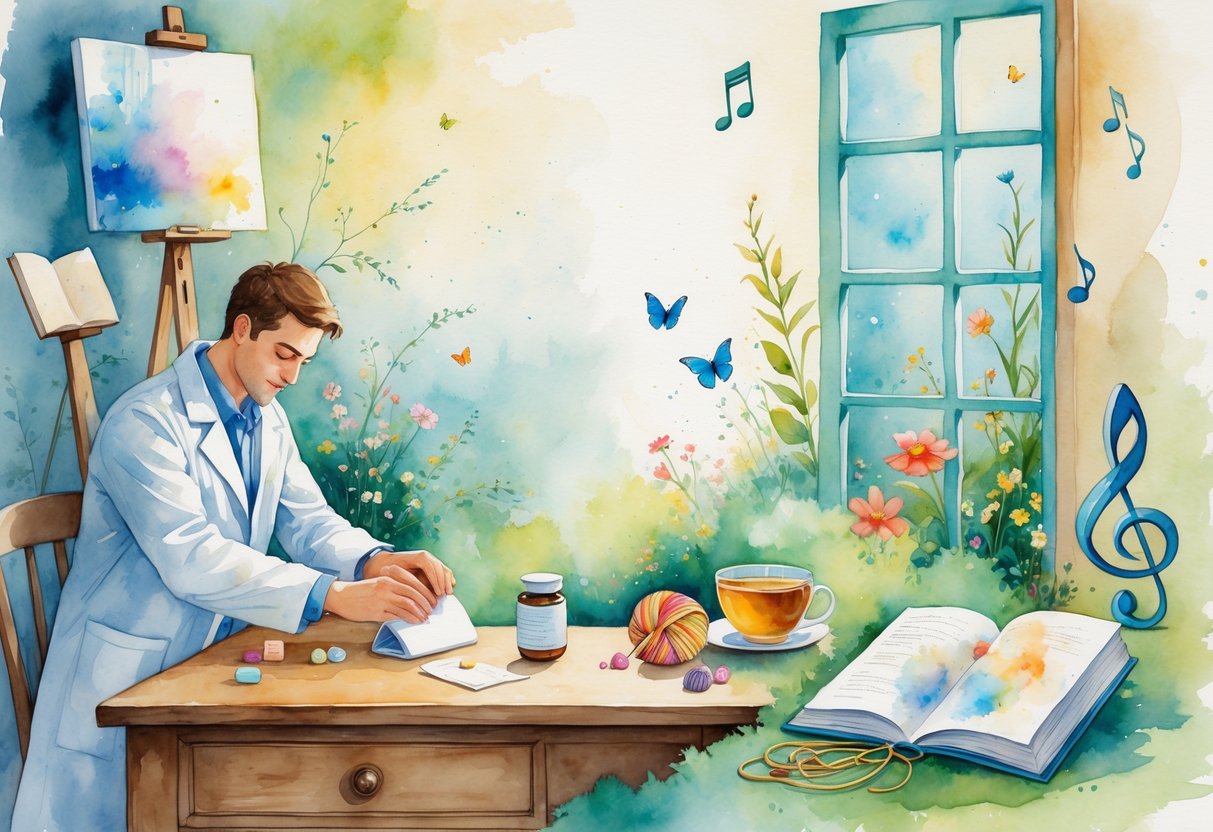 A peaceful scene showing a pharmacist putting down a prescription bottle surrounded by items representing hobbies like painting, reading, knitting, drinking tea, gardening, and music.