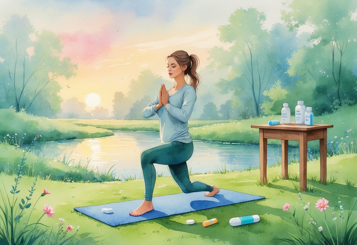 A person practicing yoga outdoors on grass near a small table with pharmacy items, surrounded by trees and a stream at sunrise.
