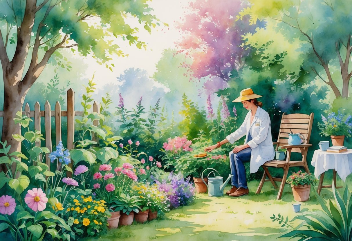 A person gardening among colorful flowers and plants in a peaceful outdoor setting with gardening tools and a bench nearby.