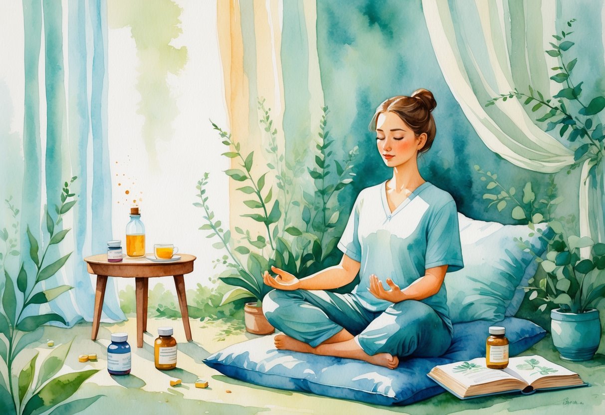 A person sitting cross-legged on a cushion meditating indoors, surrounded by plants, a cup of tea, and pharmacy-related items on a small table.