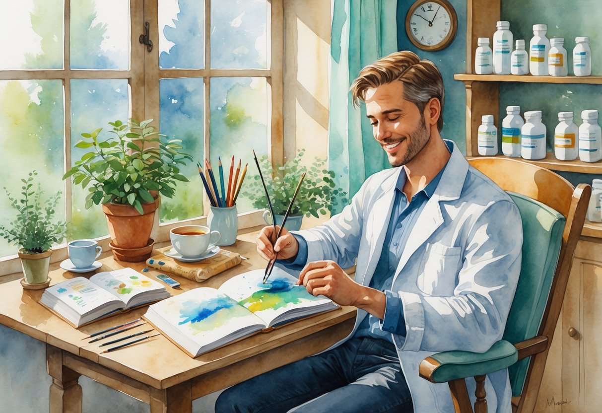 A pharmacist relaxing at home surrounded by items representing hobbies like gardening, drawing, knitting, reading, and music, painting on a small canvas with a gentle smile.