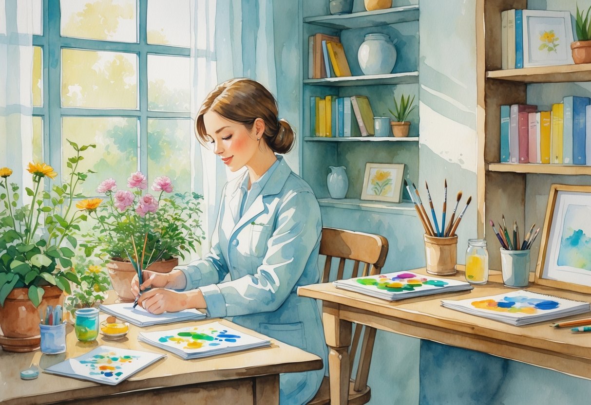 A pharmacist relaxing at home surrounded by plants, art supplies, books, and a musical instrument.