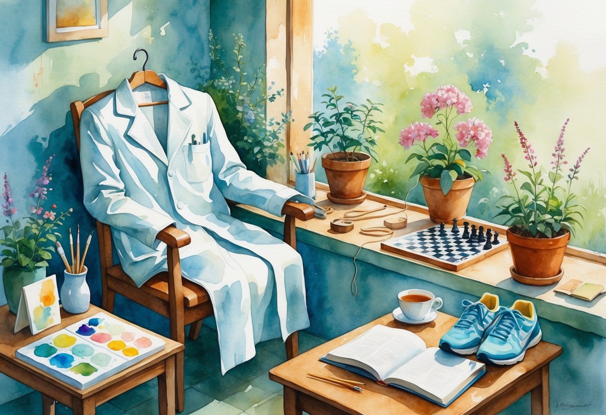 A peaceful indoor scene showing a chair with a white coat, a table with a book and tea, surrounded by items representing hobbies like painting, knitting, gardening, running shoes, a guitar, and a puzzle.