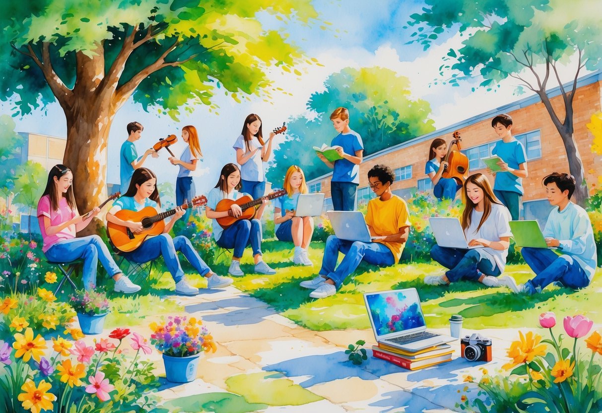 A group of high school students engaged in various hobbies such as painting, playing instruments, reading, coding, gardening, sports, cooking, photography, and writing outdoors on a sunny day.