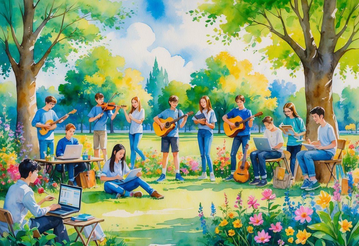 A group of high school students enjoying different hobbies outdoors, including painting, playing instruments, reading, photography, gardening, coding, and playing chess in a sunny park.