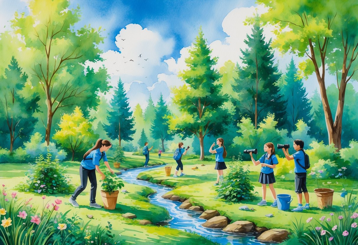 Young people outdoors planting trees, observing wildlife, and cleaning up a natural area surrounded by trees, flowers, and a stream.