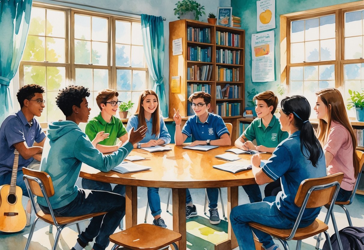 A group of high school students sitting around a table in a classroom engaged in a debate, with some speaking and others listening attentively.