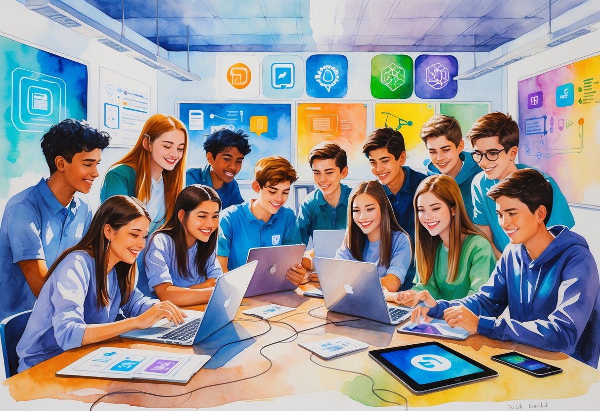 A group of high school students working together on laptops and tablets in a classroom, collaborating on coding and app development projects.