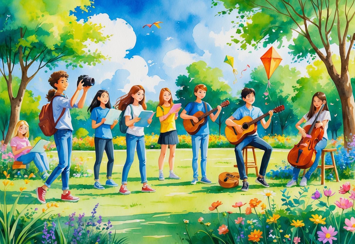A group of high school students outdoors enjoying different hobbies like photography, painting, music, reading, gardening, and flying a kite in a park.