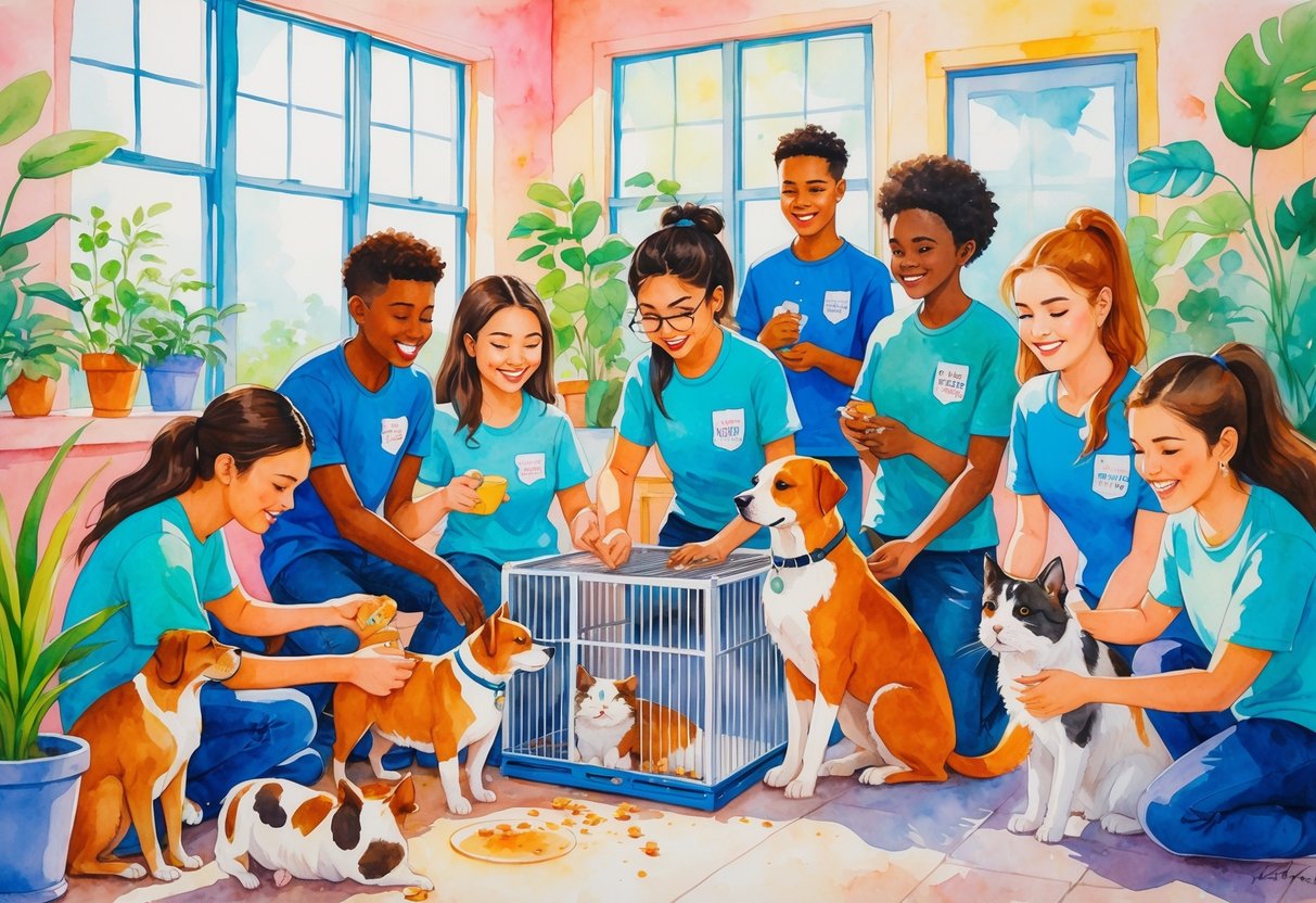 A group of high school students caring for animals at a local shelter, feeding and playing with dogs and cats indoors.