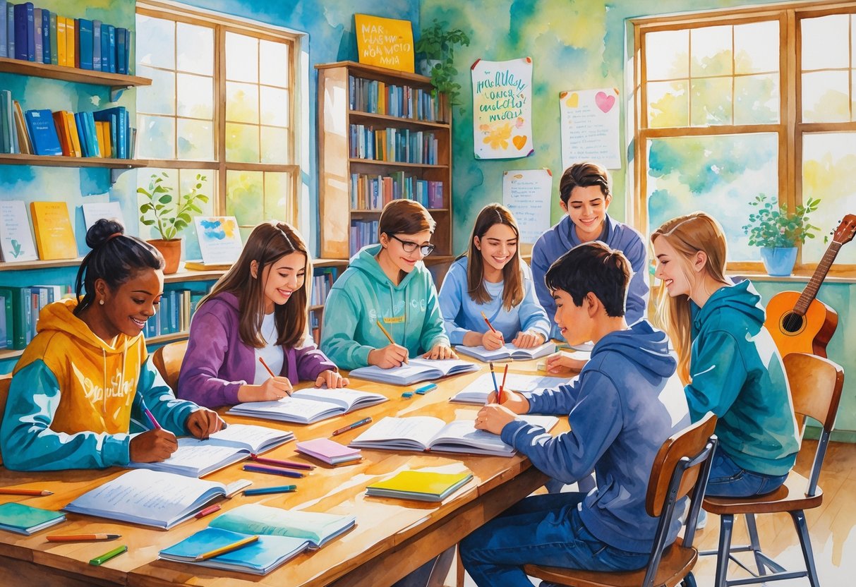 A group of high school students and a teacher gathered around a table in a classroom, writing and sharing ideas together.