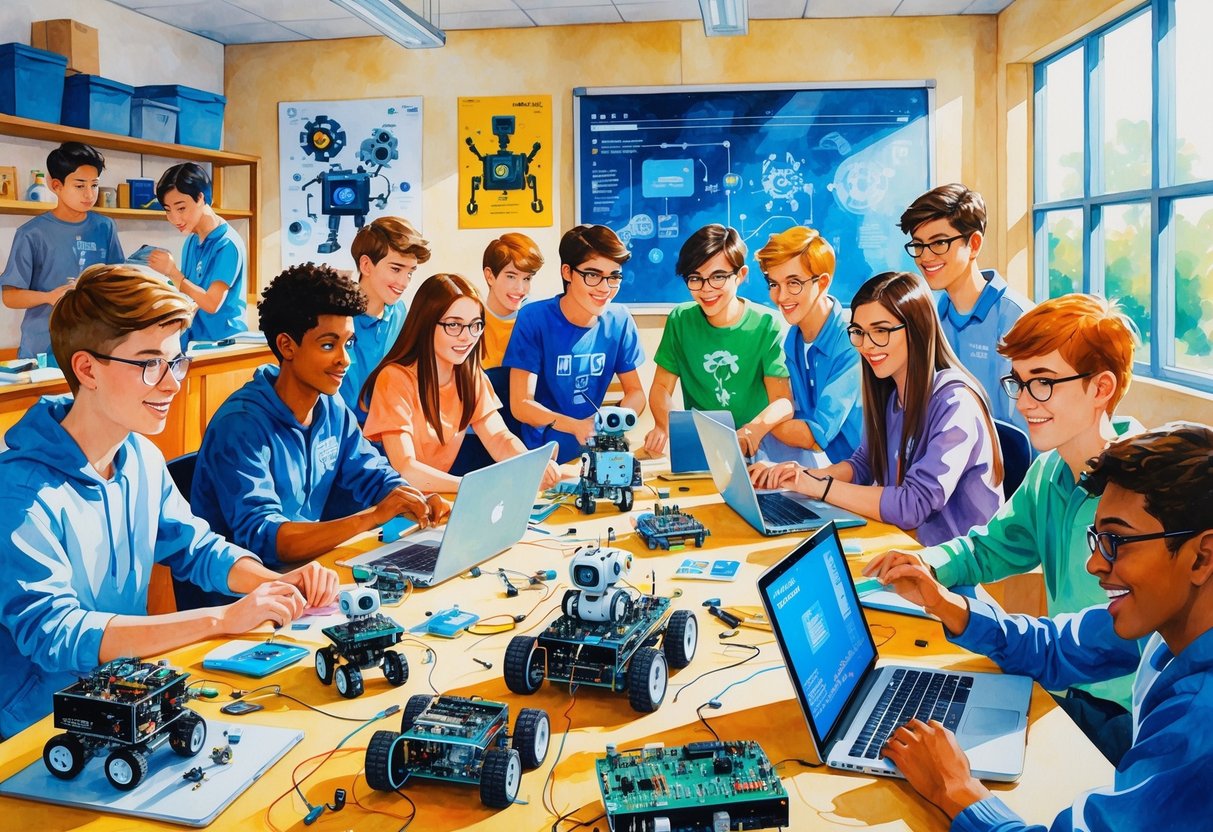 A group of high school students working together on robotics projects around a table in a classroom.