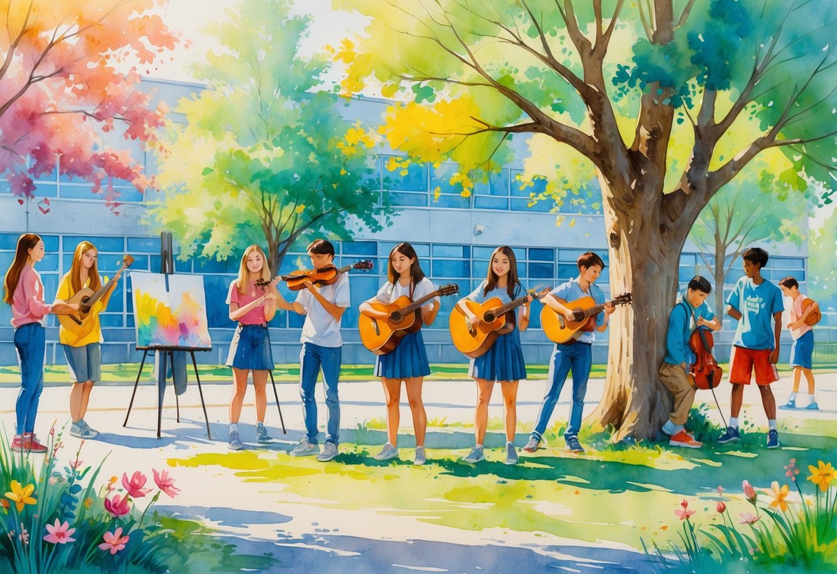 A group of high school students outdoors engaged in painting, playing instruments, reading, and sports, surrounded by trees and a school building.