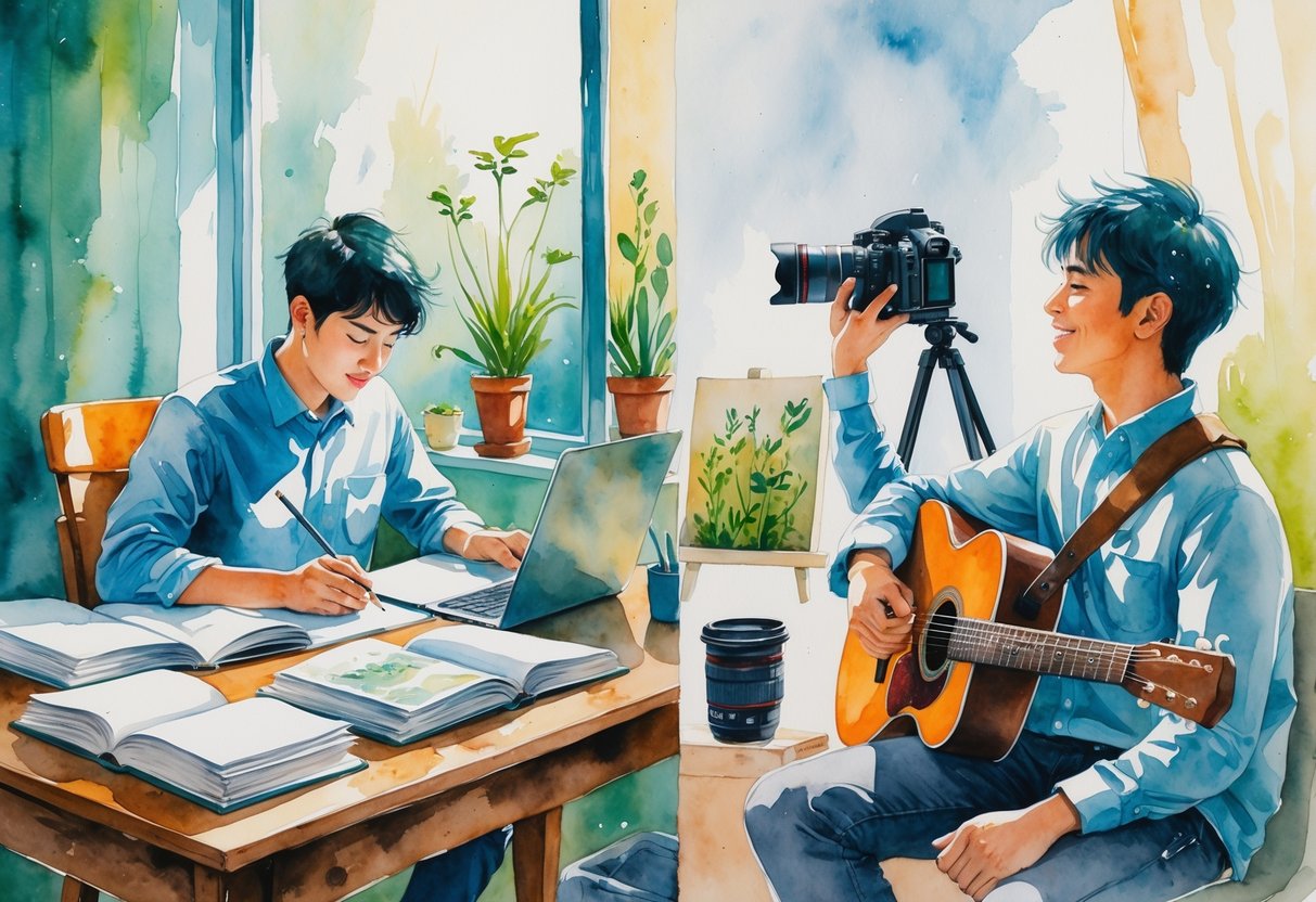 A student balancing studying at a desk with hobbies like playing guitar, painting, reading, and photography in a cozy room with natural light and plants.