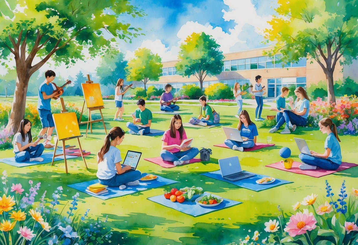 A group of high school students outdoors enjoying various hobbies like painting, playing instruments, reading, gardening, coding, sports, writing, cooking, and yoga.
