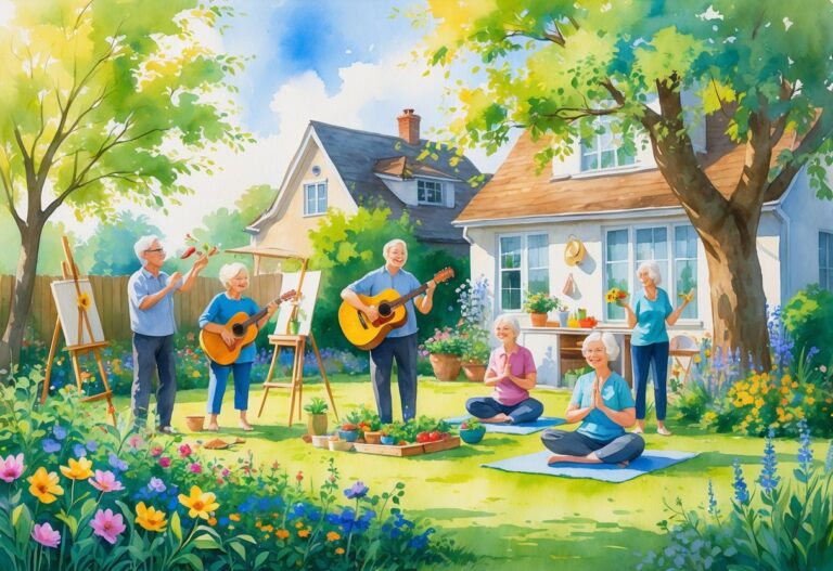 An elderly couple happily gardening, painting, playing guitar, doing yoga, reading, and cooking together in a bright and peaceful home and garden setting.