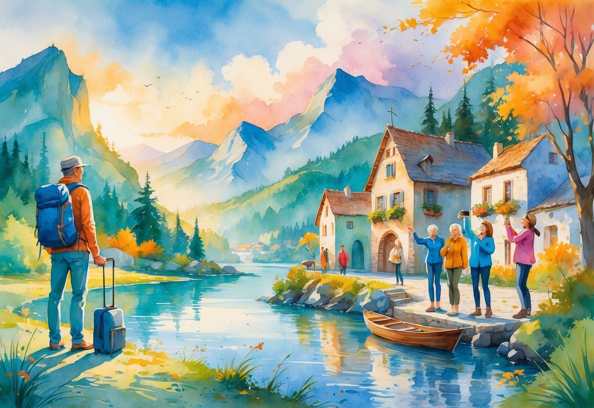 A group of older adults traveling alone and together in various scenic locations including mountains, a village, and a lakeside surrounded by trees.