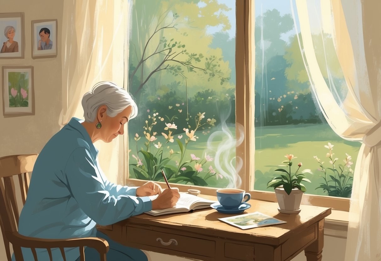 An older adult writing at a desk by a window with a garden view, surrounded by personal items like photos and a cup of tea.