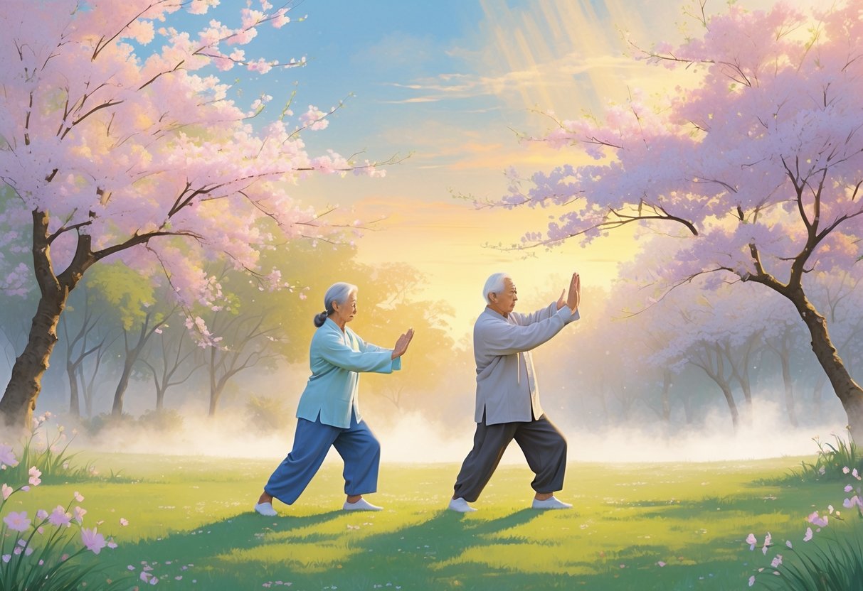 An elderly couple practicing Tai Chi together in a peaceful garden surrounded by cherry blossom trees at sunrise.